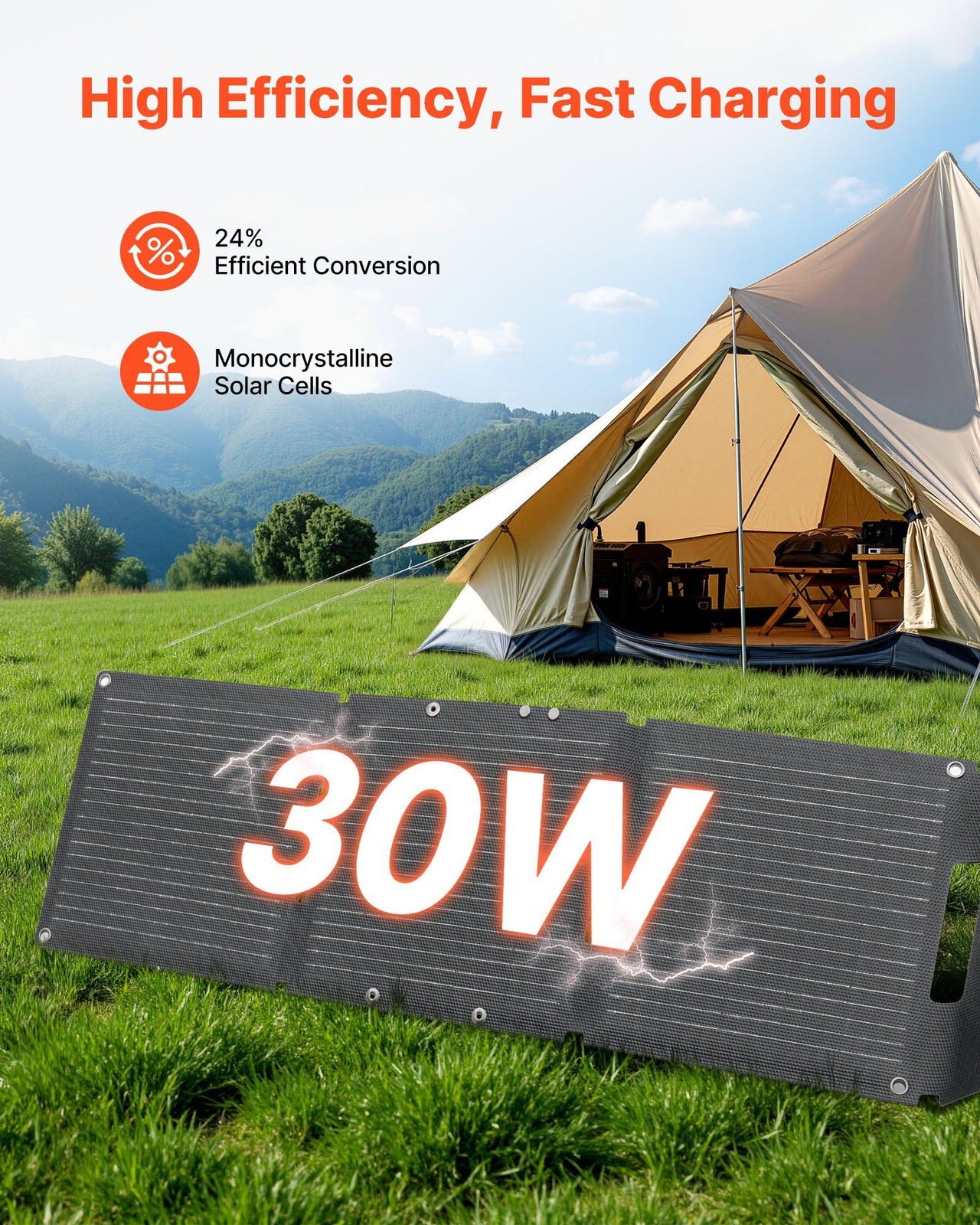 N-Type 30W Foldable Solar Panel, 16BB Mono Cells, USB-A/QC3.0/Type-C, IP65
