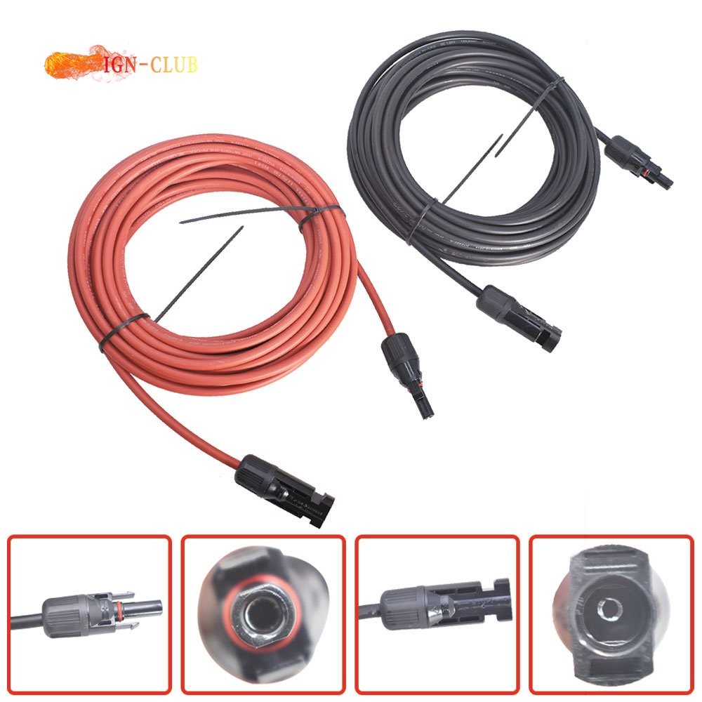 4mm²/12AWG 1 Pair Solar Panel Extension Cable Wire Connector 20ft Black+Red