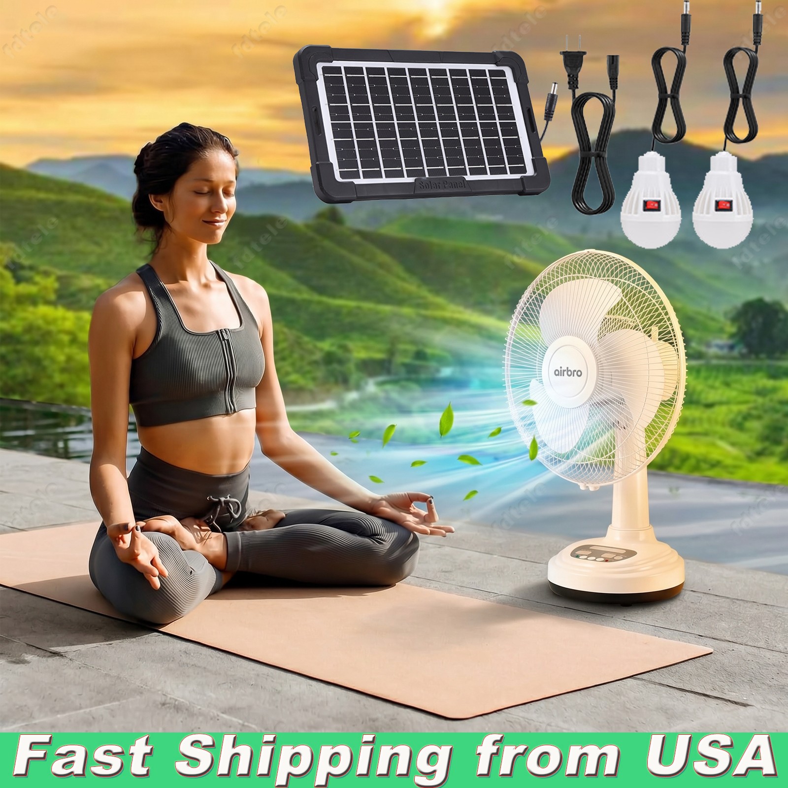 Rechargeable Solar Fan with Light & Solar Panel, for Picnic, Barbecue, Fishing