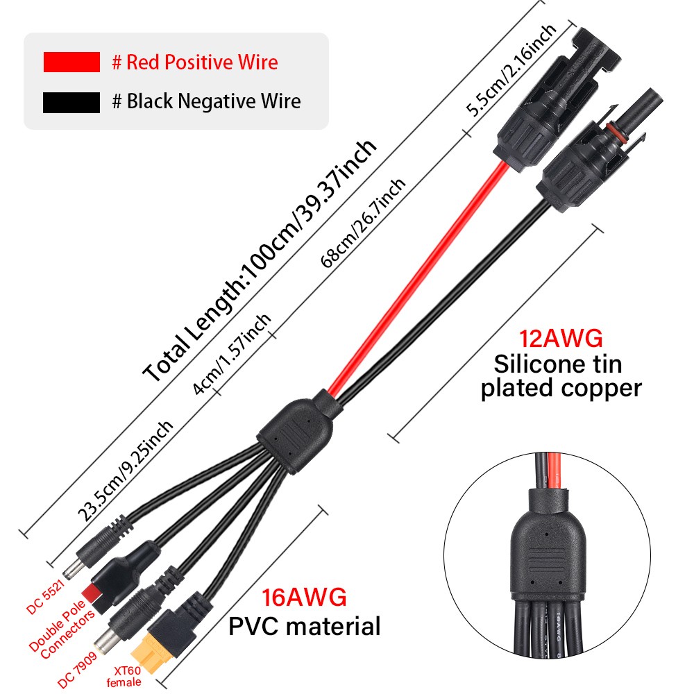 4 In 1 Solar Panel Extension Cable DC5521 7909 XT60 Female Connector PV Wire 3ft