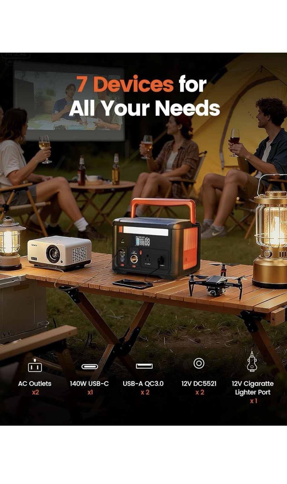 Portable Power Station 600W(1200W Surge), 299Wh Camping Power Station with 2 AC