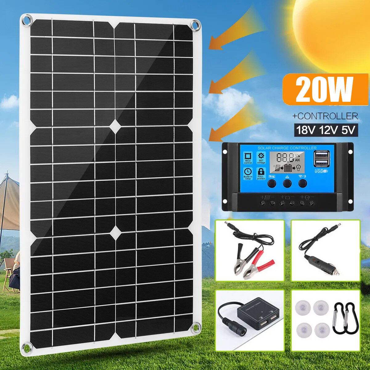 20 Watts Solar Panel Kit 100A 12V Battery Charger w/ Controller Caravan Boat RV