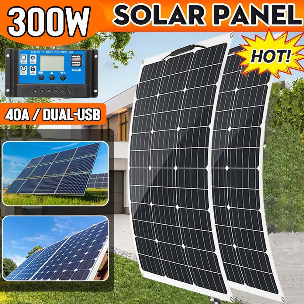 150-300W Portable Solar Panel Grade 23% High Efficiency Home RV Trips Boat 12V