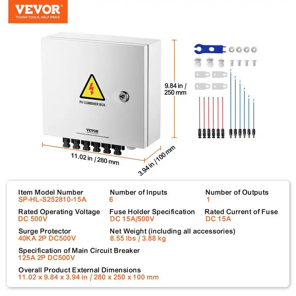 6 String 15 Amp Solar PV Combiner Box Steel Case Wih IP65 Weather Protection for