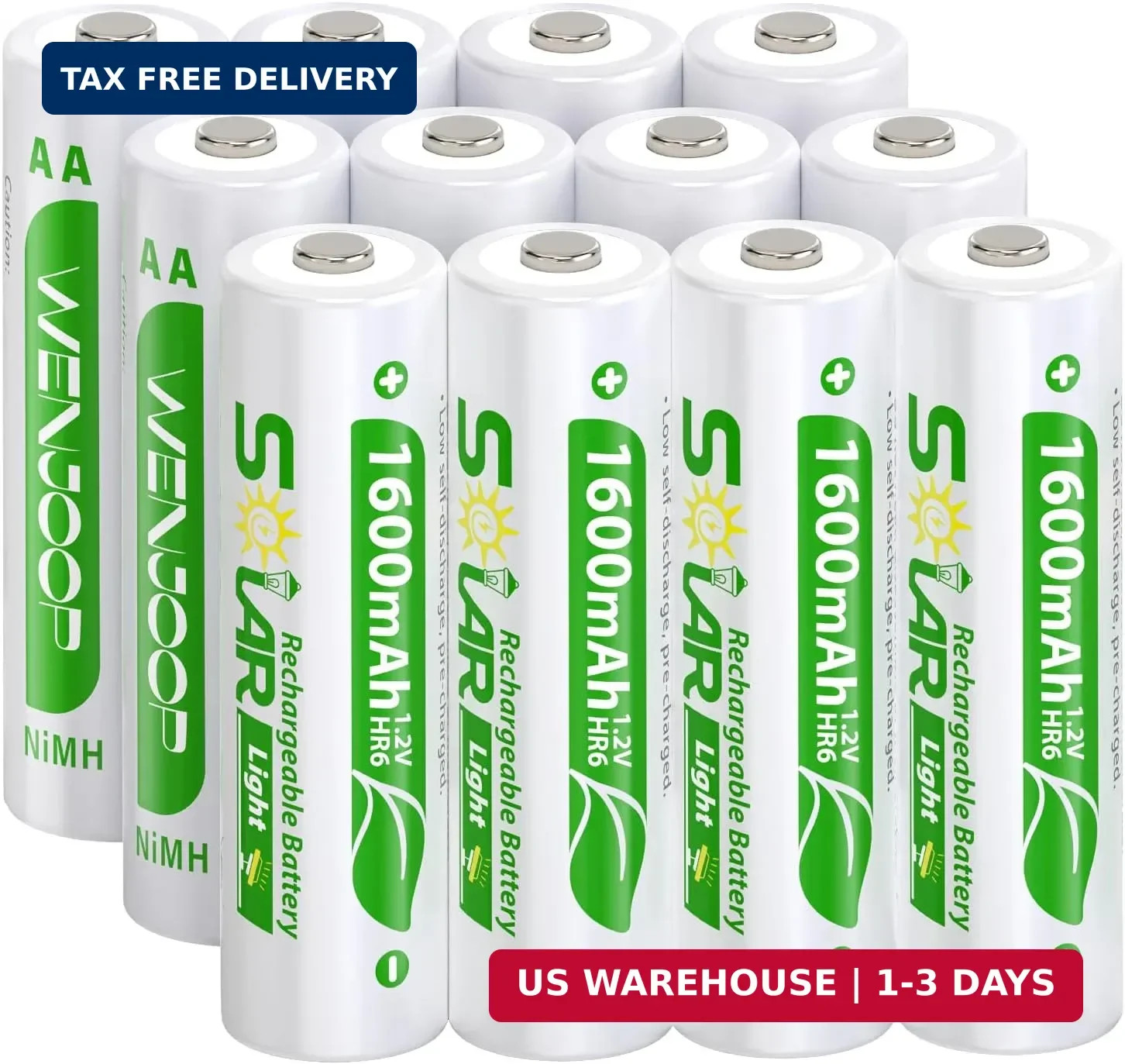 12 Pack AA Rechargeable Batteries for Solar Lights, 1600mAh NiMH 1.2V Precharged
