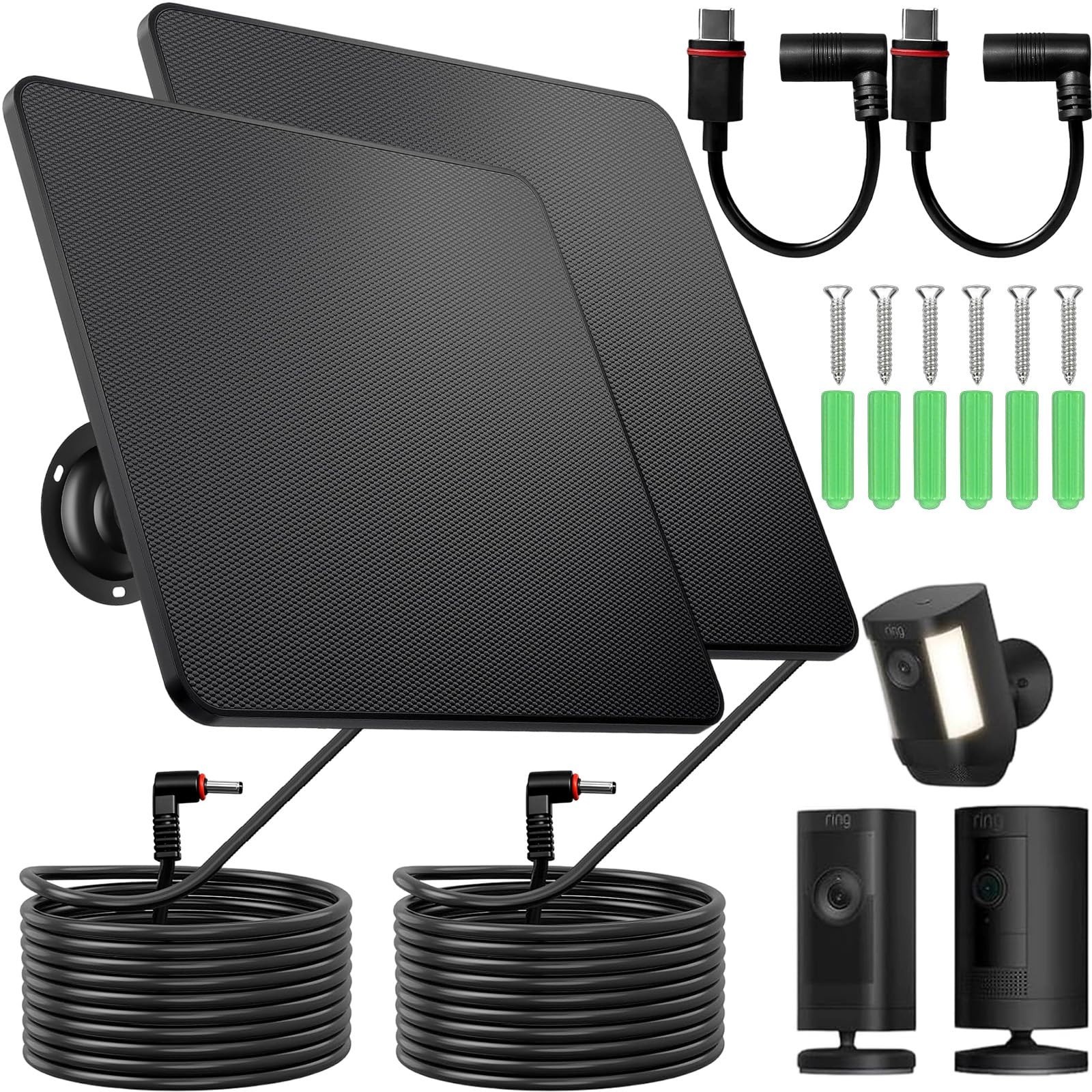 2 Pack 5W Solar Charger for Ring Camera, Waterproof, USB-C Adapter, 10ft Cable