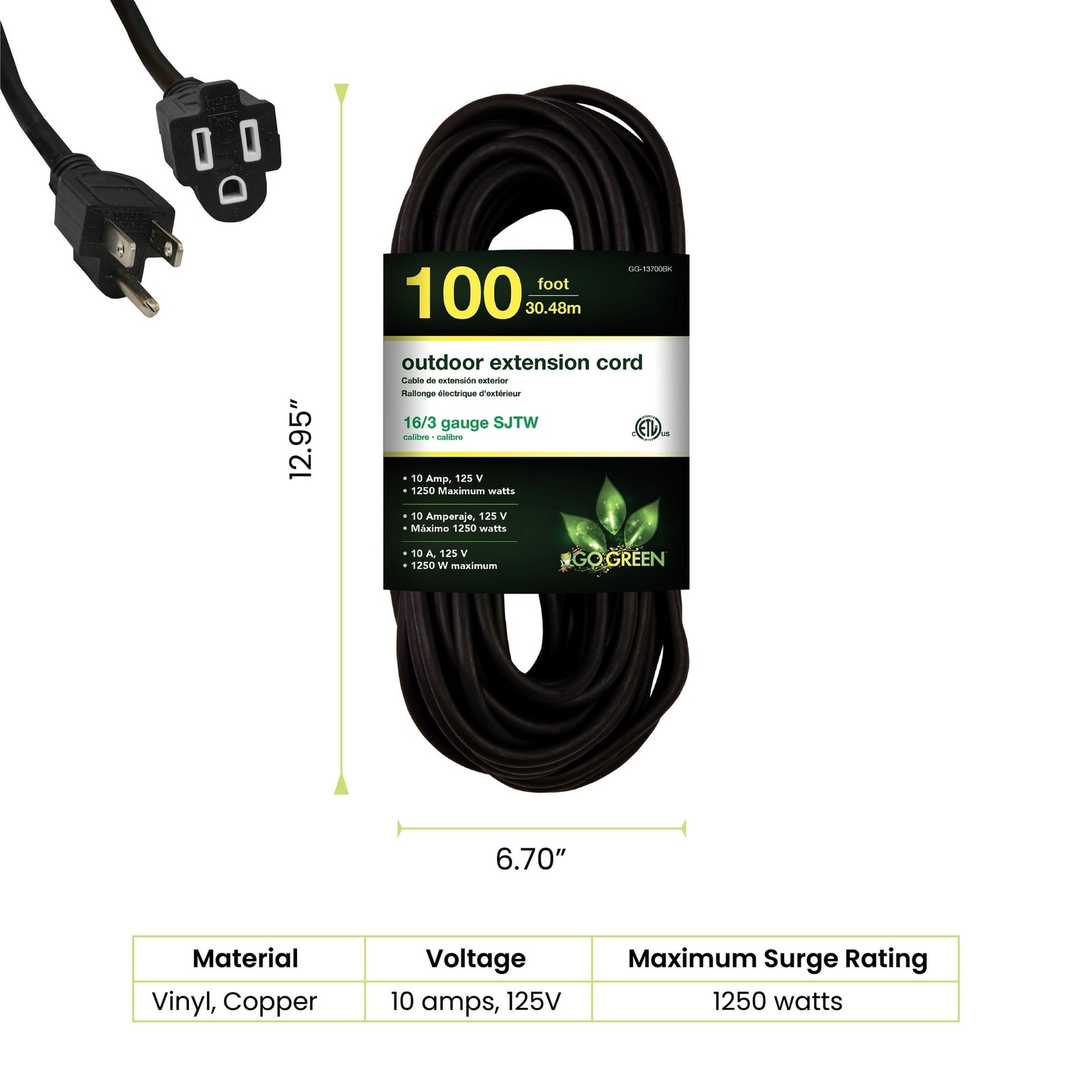 GoGreen Power Inc. 16/3 100ft Black Outdoor Extension Cord – Heavy Duty, Moistur