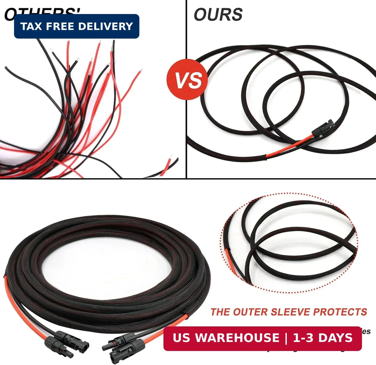 Twin Wire 100FT Solar Extension Cable – 10AWG(6mm²) Solar Panel Connector, with