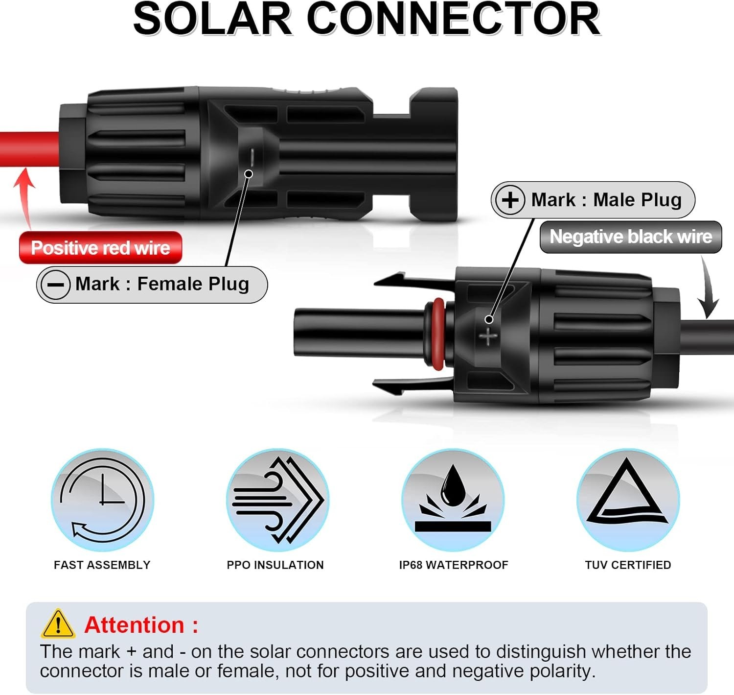 Weatherproof 6ft Solar Panel Extension Cable 10AWG with Male-Female Connectors