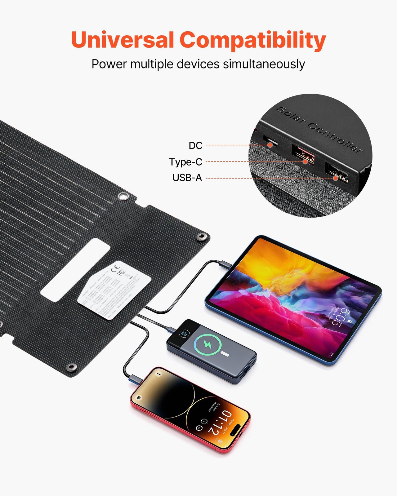 N-Type 30W Foldable Solar Panel, 16BB Mono Cells, USB-A/QC3.0/Type-C, IP65