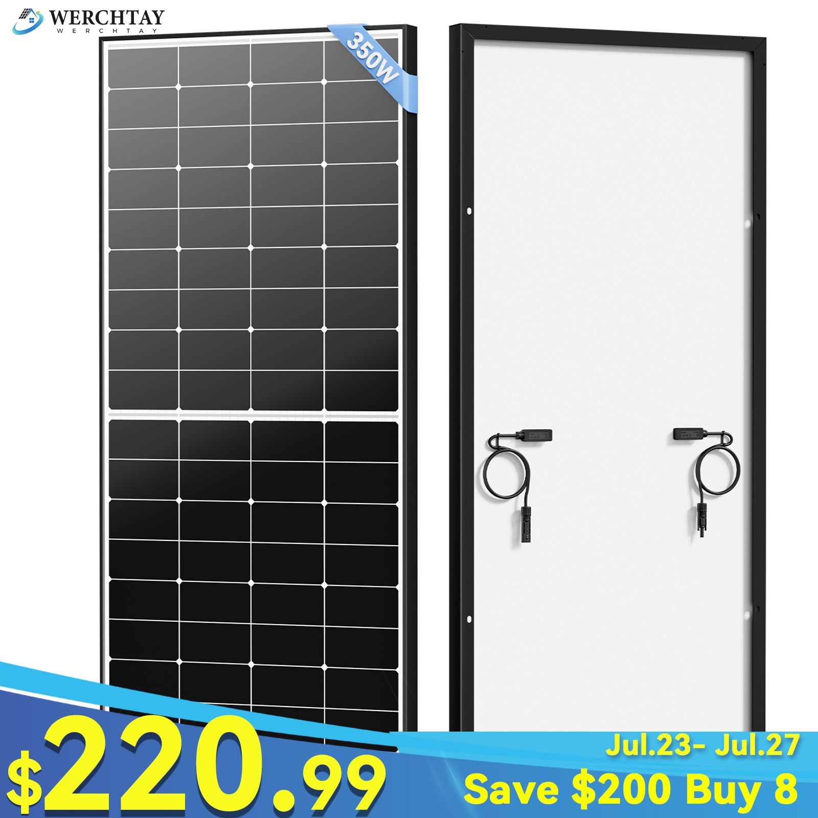 350W 12/24V Solar Panel Mono Home Camping Home Off Grid Caravan Boat Charger US