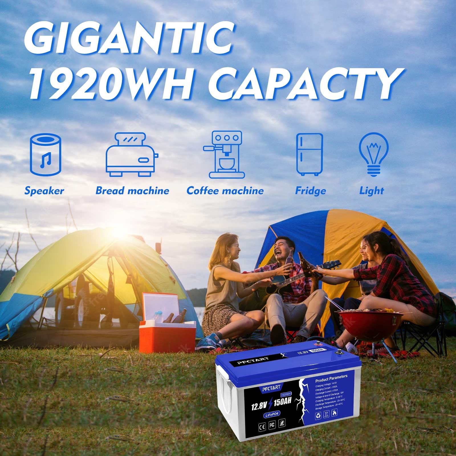 PFCTART 150AH LiFePO4 Lithium Battery Built-in Smart BMS for Solar RV Camping