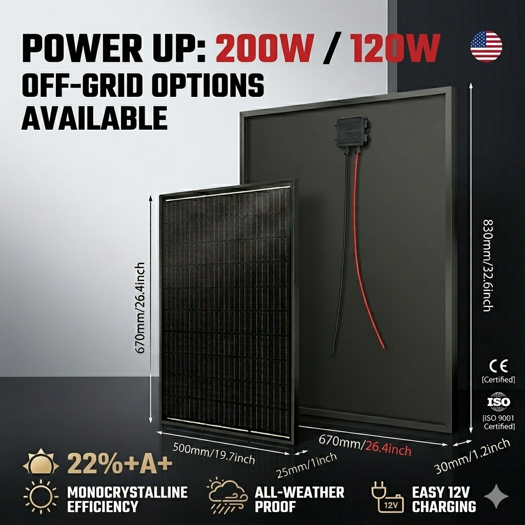 200W Solar Panel Monocrystalline All Black 12V Battery Charger Off Grid RV Boat