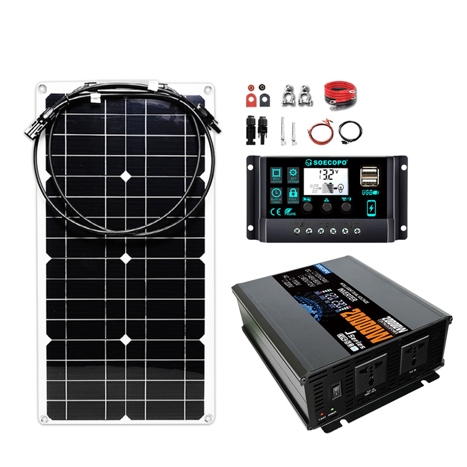 20000W Peak Solar System Kit Panel 12V/24V To 110V/220V Inverter