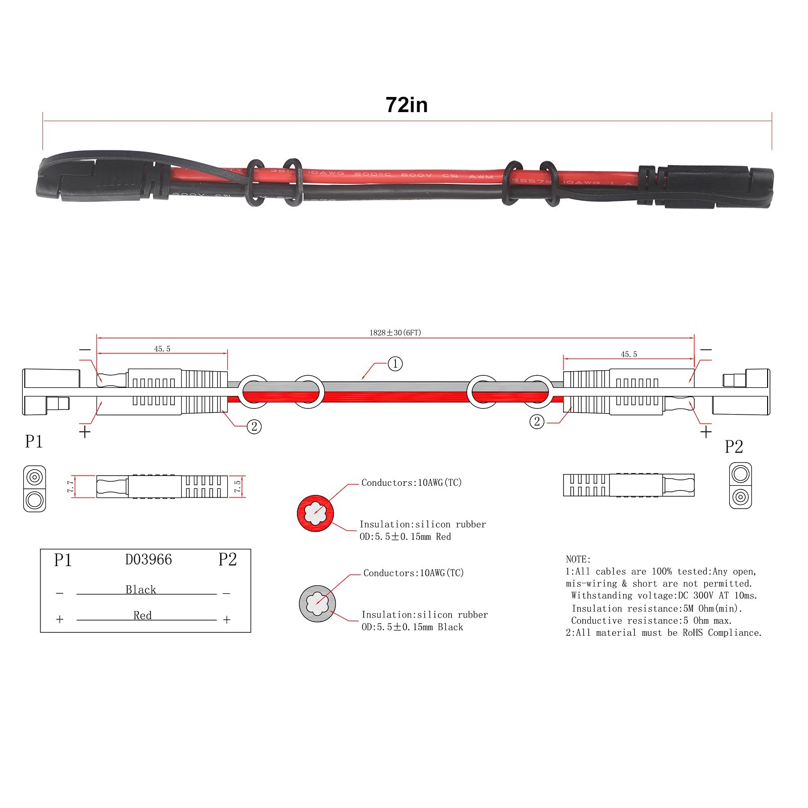 10Gauge SAE Extension Cable 10AWG – 6FT SAE to SAE Cable Battery Charger Extensi