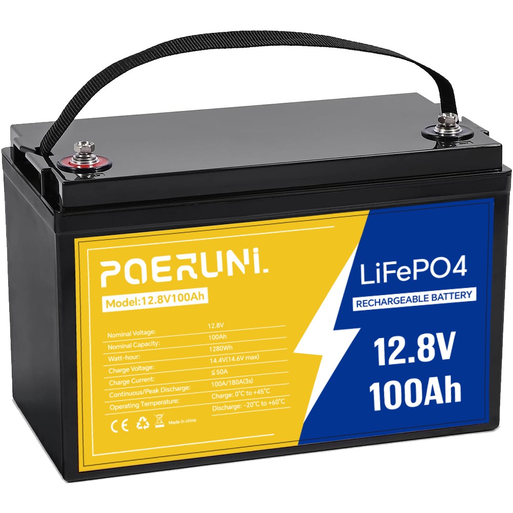 100Ah 12V LiFePO4 Lithium Battery 1280Wh Built-in BMS Deep Cycles For RV Solar