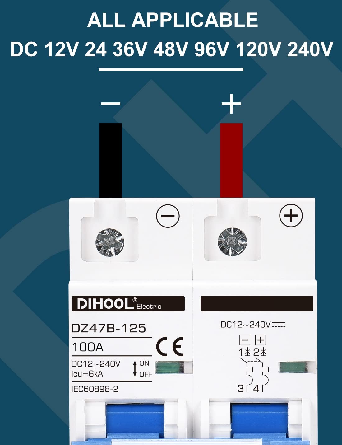 DC Circuit Breaker,100A 2 Pole,12V to 240 Volt Solar Disconnect Switch,DIN Rail