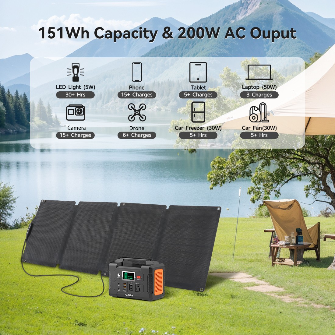 200W 151Wh Portable Power Station Camping Solar Generator with 60W Solar Panel