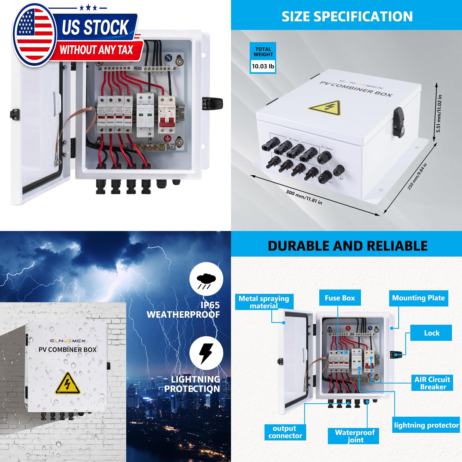 PV Combiner Box 4 String, IP65 Waterproof Solar Combiner with Lightning
