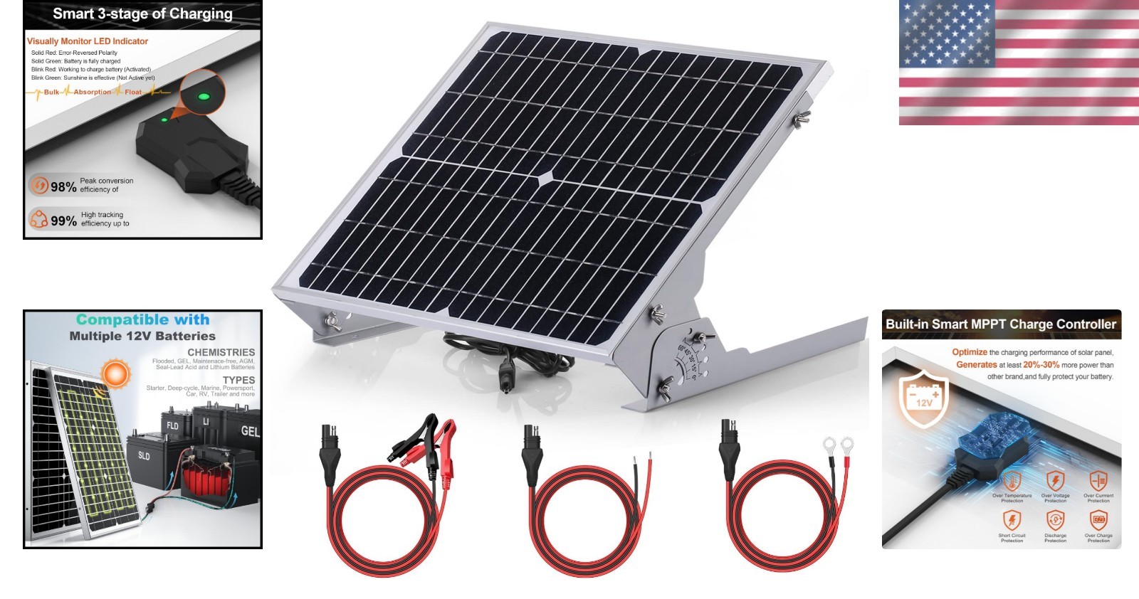 Smart 20W Solar Battery Charger for Car Boat RV