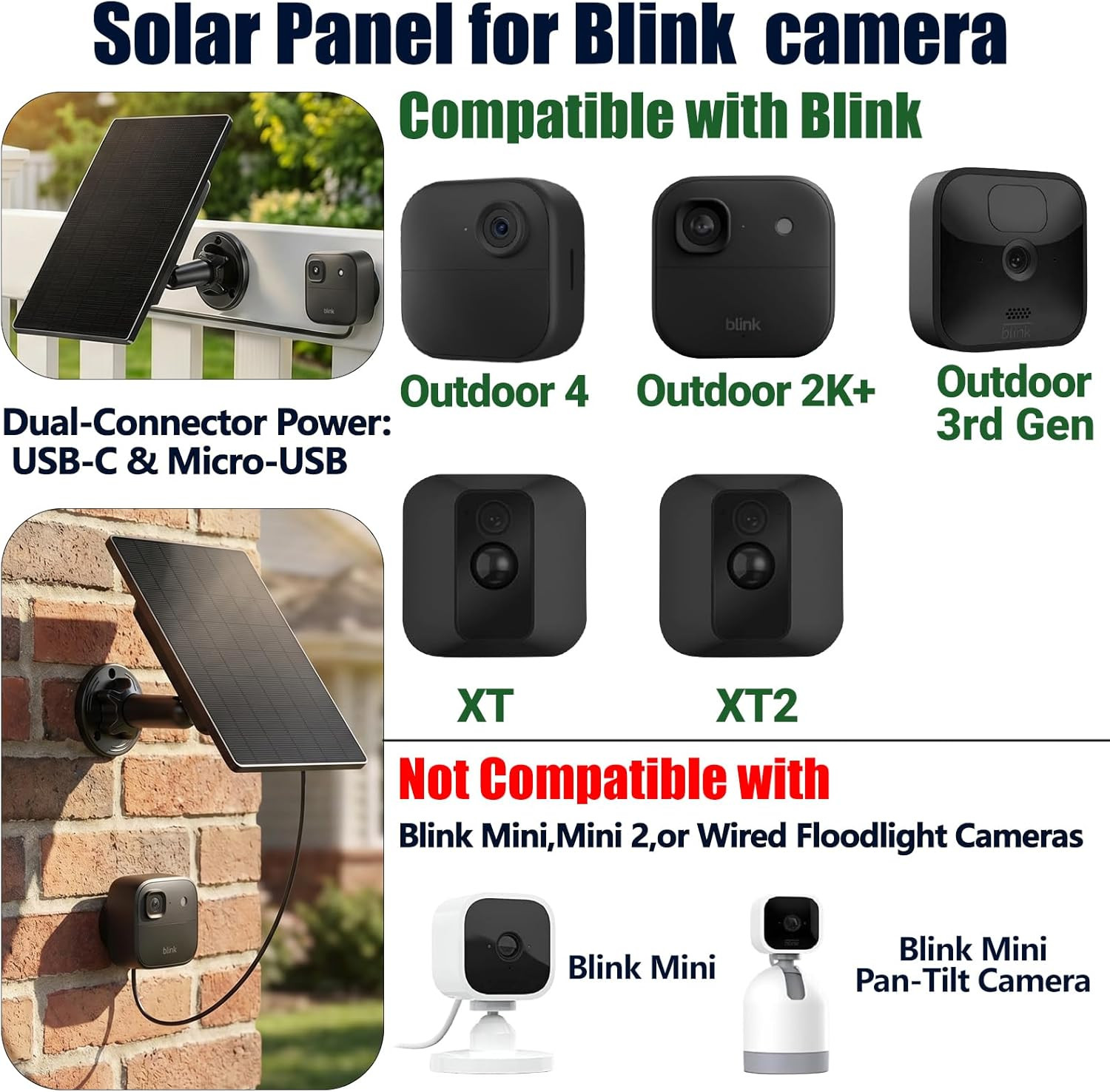 1 Pack Solar Panel for Blink Camera Outdoor 4, 2K+, 3Rd Gen, XT2 & XT, Smart Ene
