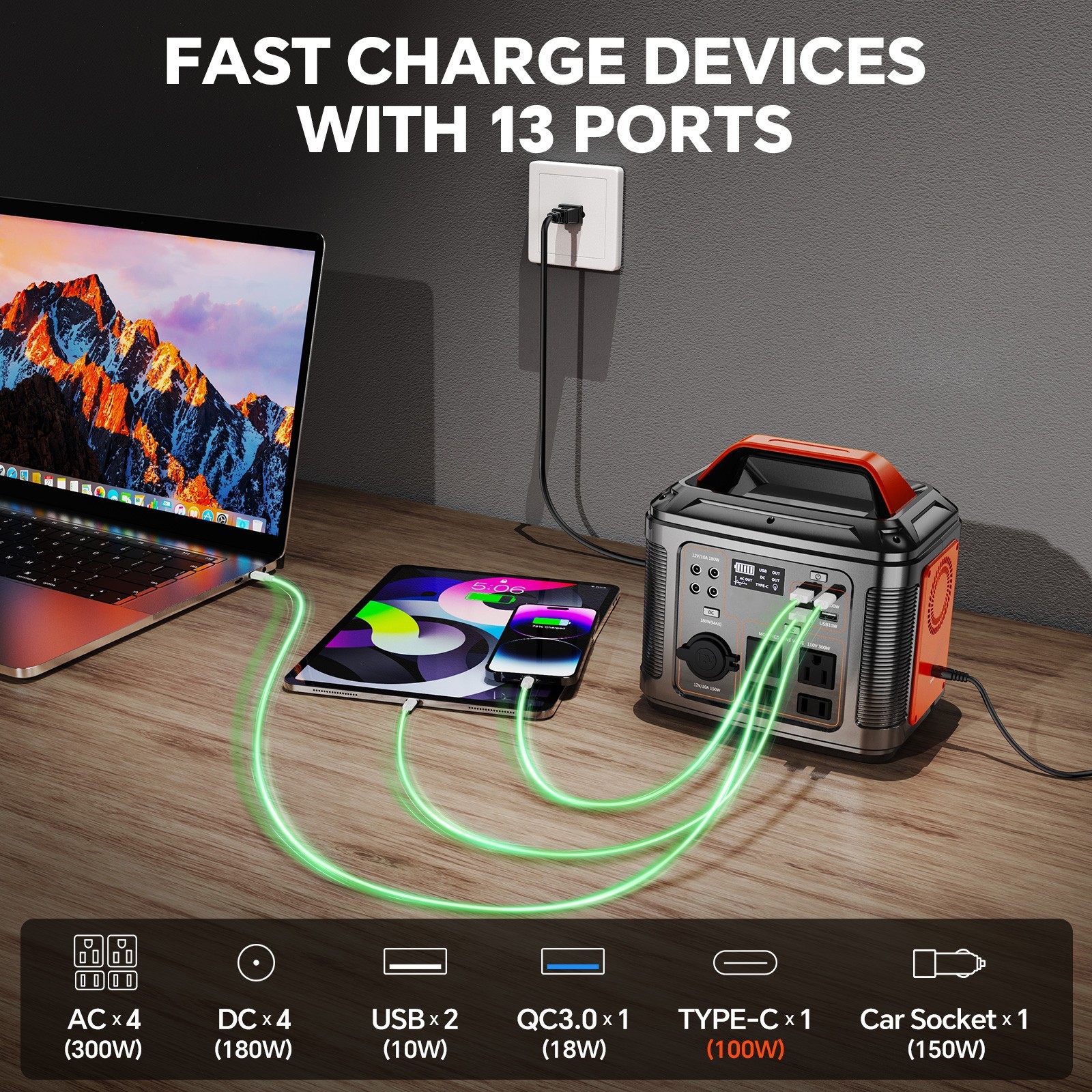 Portable power station with 60W solar panel, 296Wh 80000mAh lithium battery