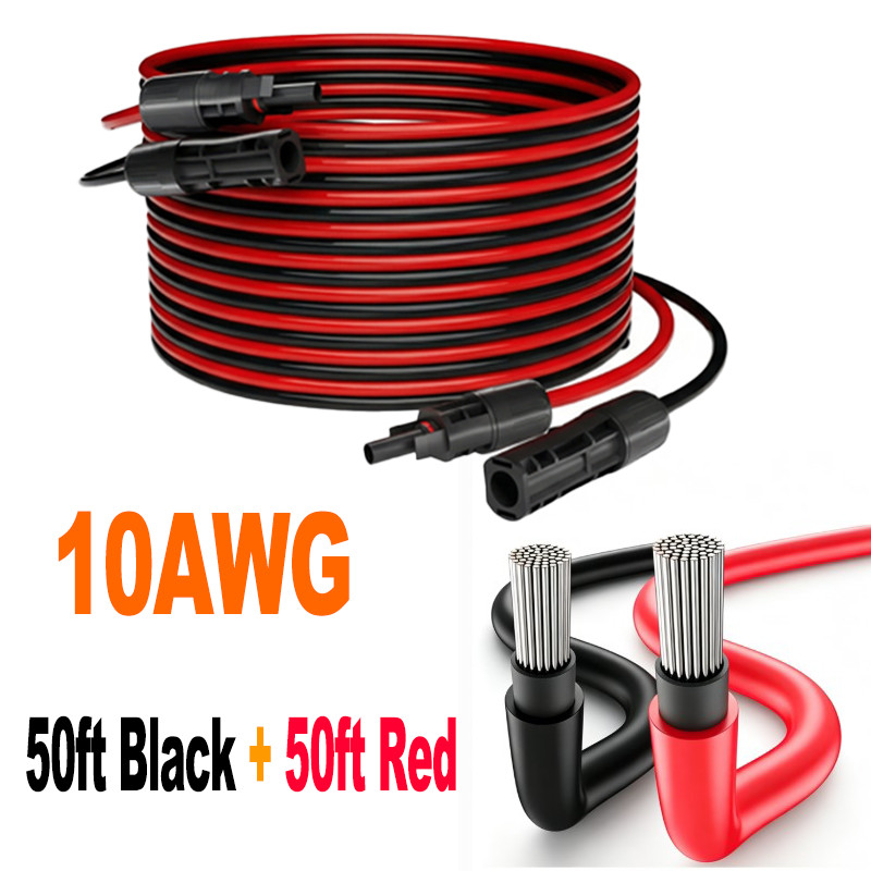 50ft Black + Red 10AWG Solar Panel Extension Cable Flexible Wire Connectors
