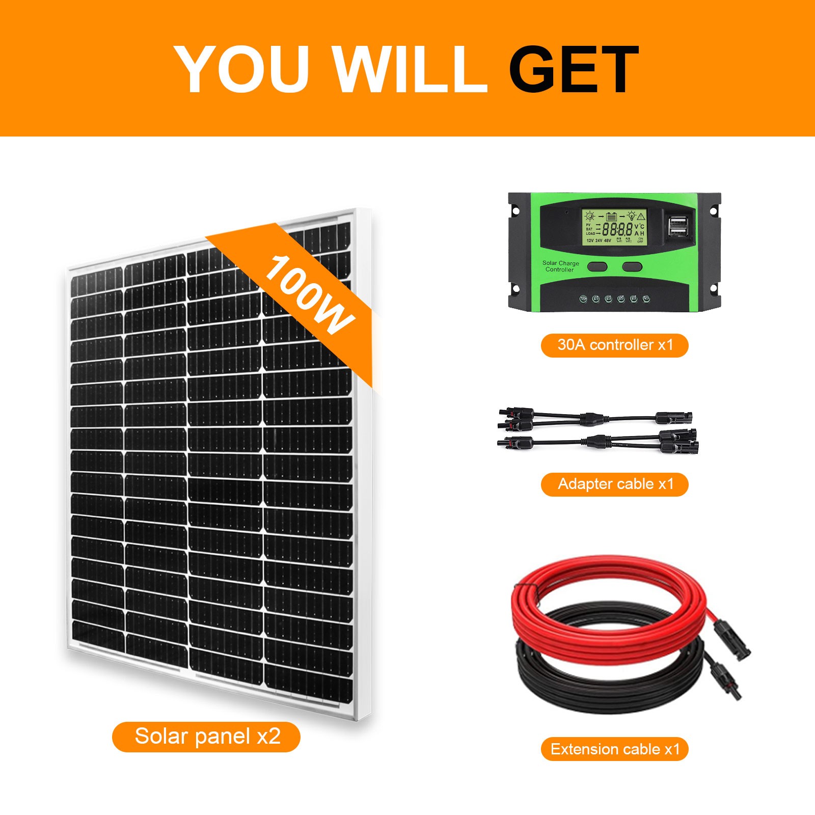 100W Solar Panel Kit 12V/24V Charger Controller for RV Camper Battery Charger