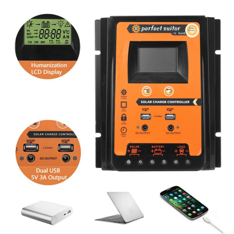 70A Battery Panel 12/24V Regulator 2pcs Solar Charger Controller