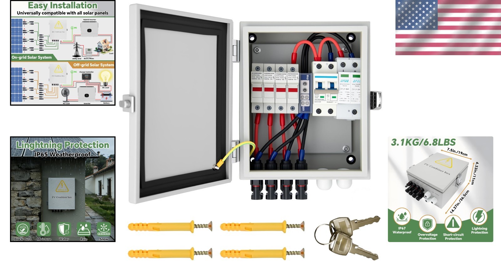 Durable 4 String PV Combiner Box – 63A Breaker, 15A Fuse & Easy Installation