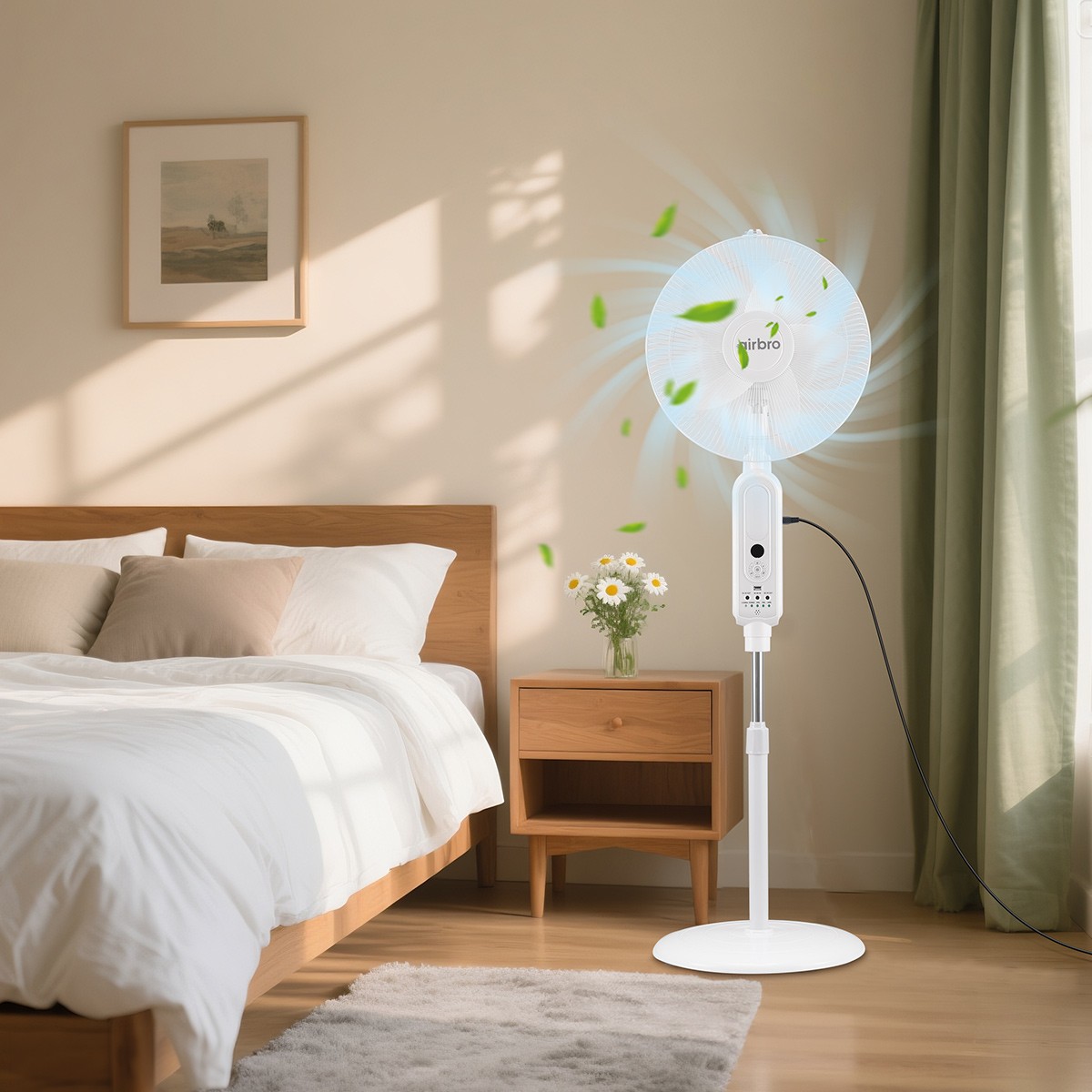 16 Inch Solar Rechargeable Standing Fan with 2PCS LED Light Bulbs Remote Control