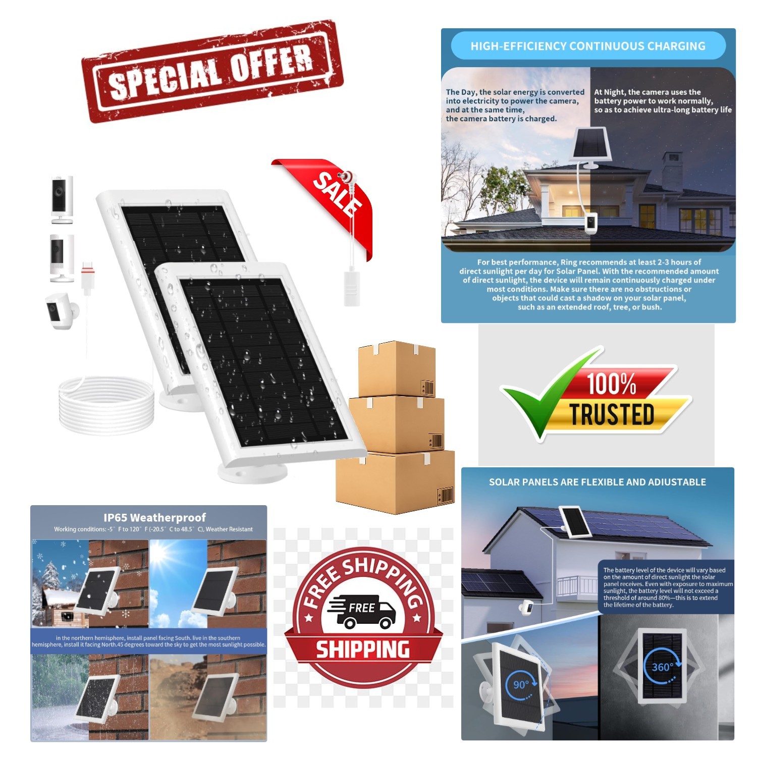 Solar Panel for Ring Camera(2Nd Generation), 2 Pack 5W Solar Panel with 10FT/3M