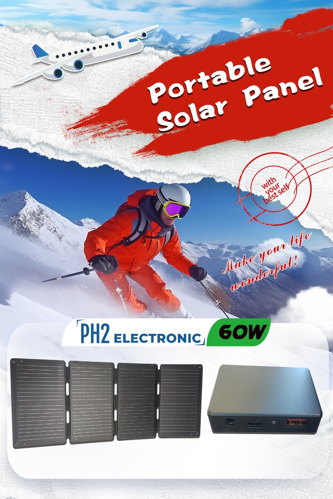 60w Portable Foldable Solar Panel Kit (18V,10.5x16inch,4lb),Solar Controller