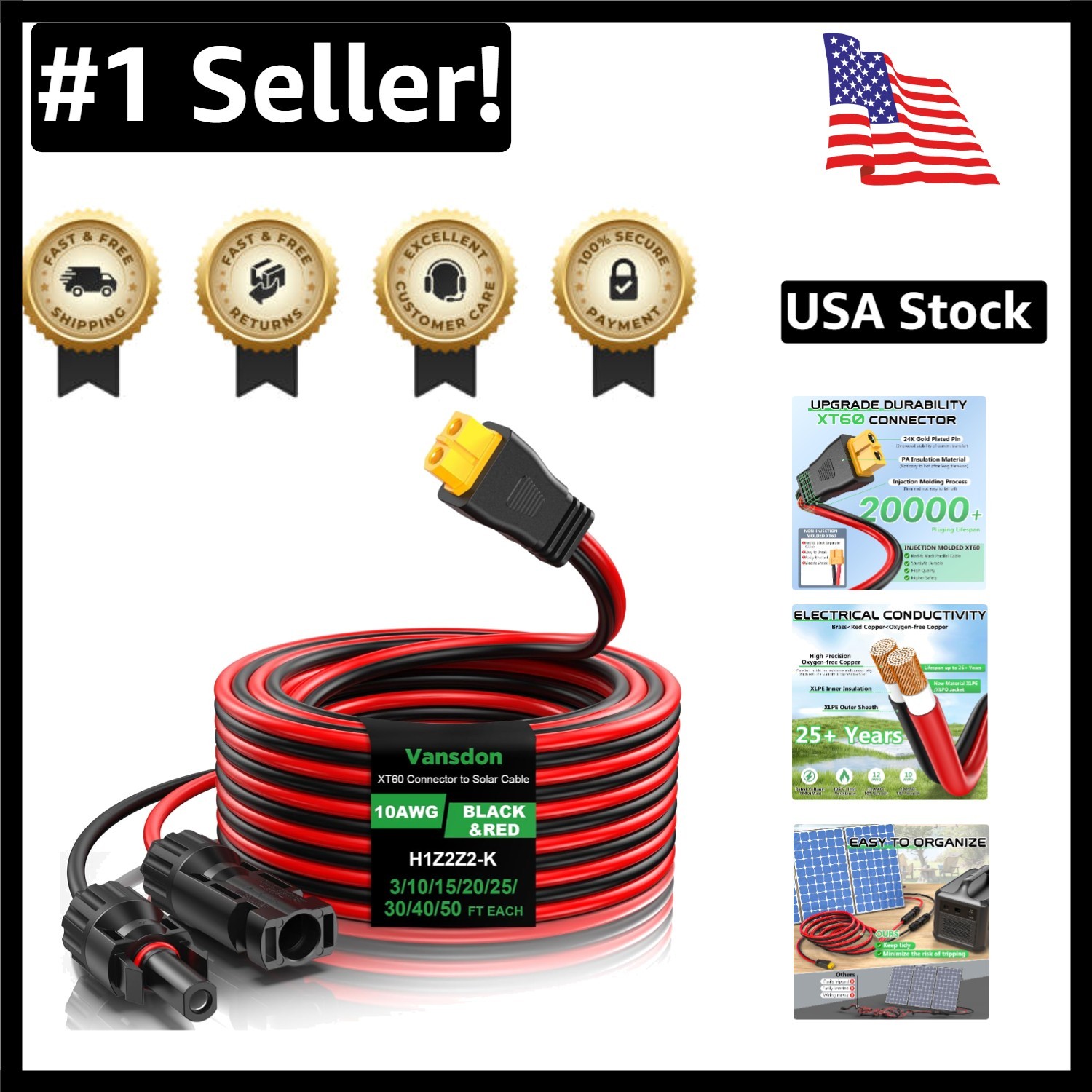 High-Quality 10AWG XT60 Solar Cable – 600V, 25FT for Efficient Power Transfer