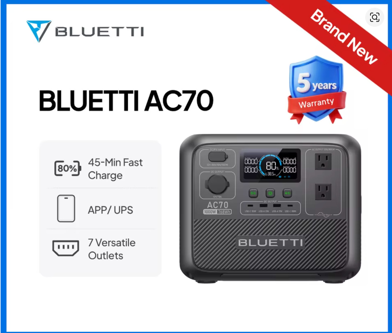 BLUETTI AC70 Portable Power Station 1000W 768Wh Generator for Road Trip Off-Grid