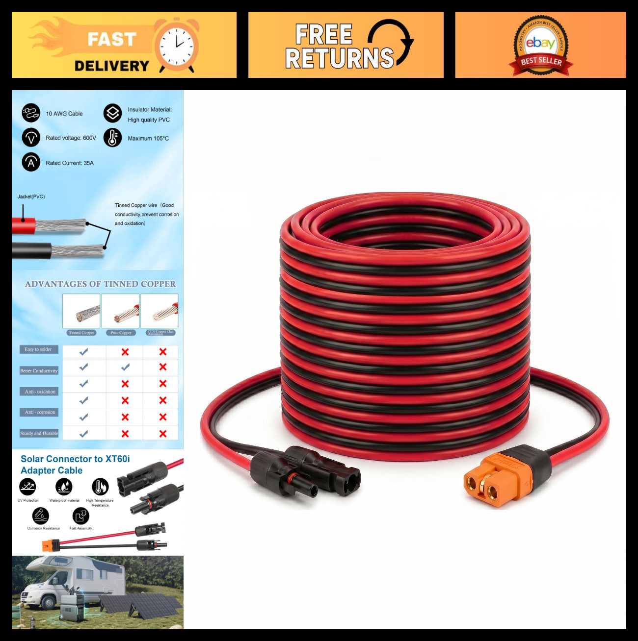 25FT 10AWG Solar Panel XT60i Connector Cable – Extension Adapter for Power Stati