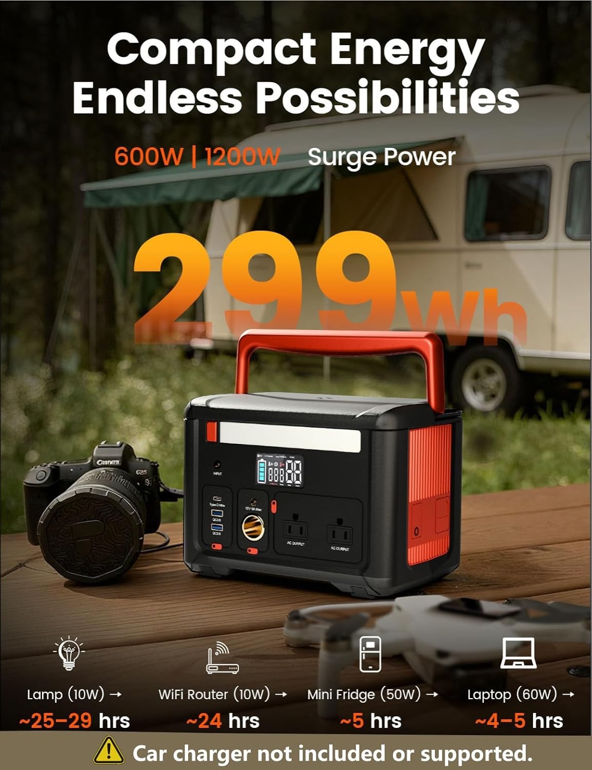Portable Power Station 600W 299Wh Fast USB-C Camping