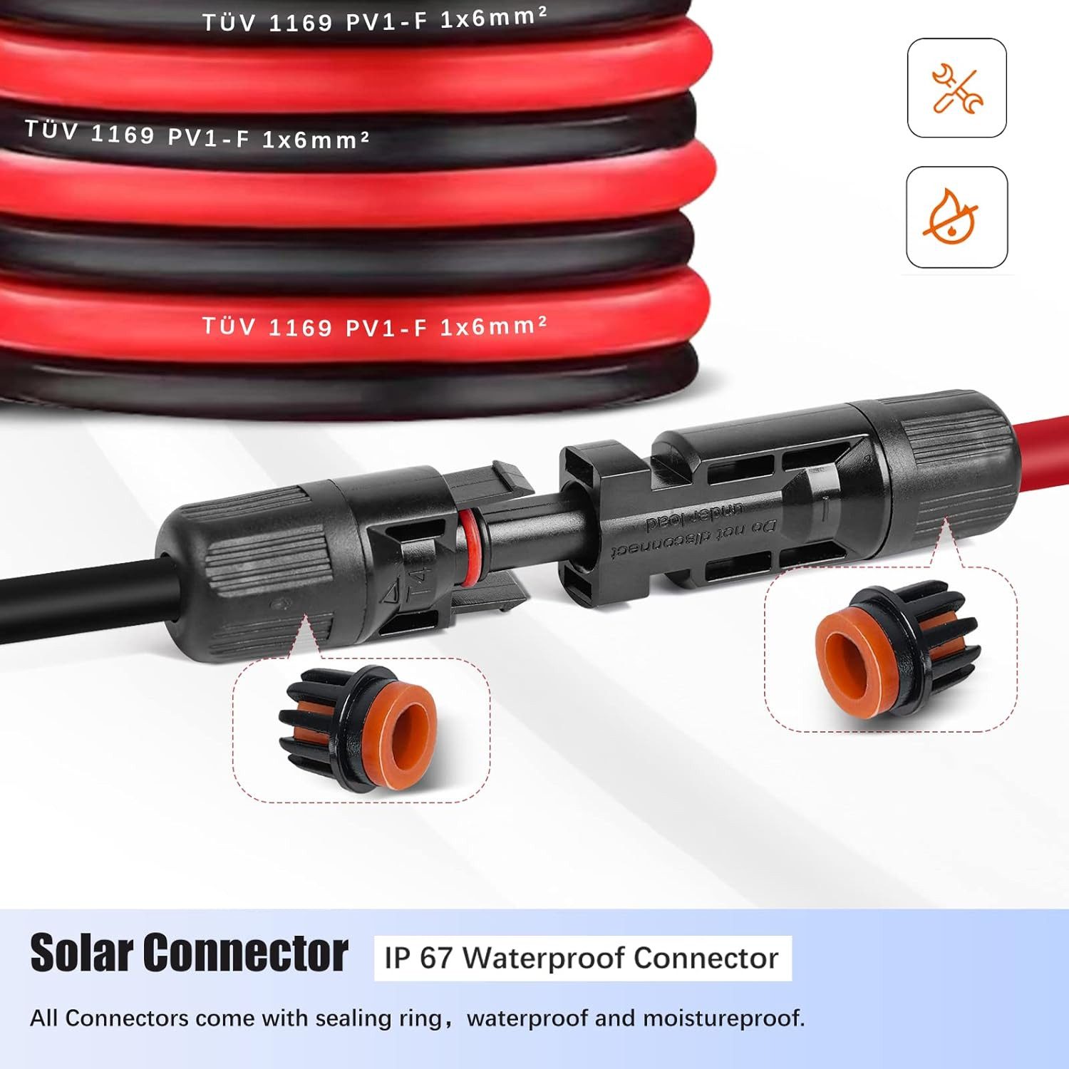 Solar Extension Cable 20Feet 10AWG (6Mm²) Solar Panel Cable Red & Black PV Wire