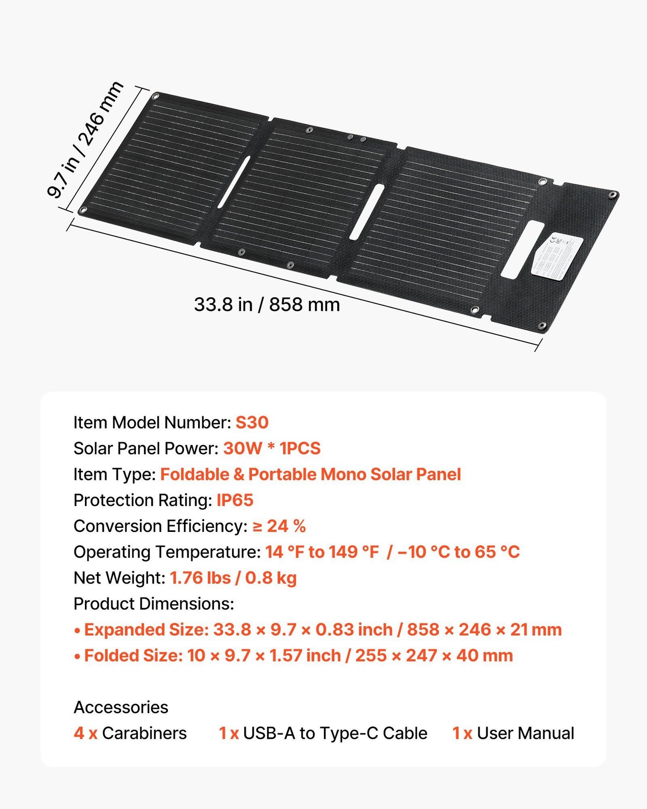 30W N-Type Monocrystalline Solar Panel, Foldable, IP65, Triple USB, -10°C–65°C
