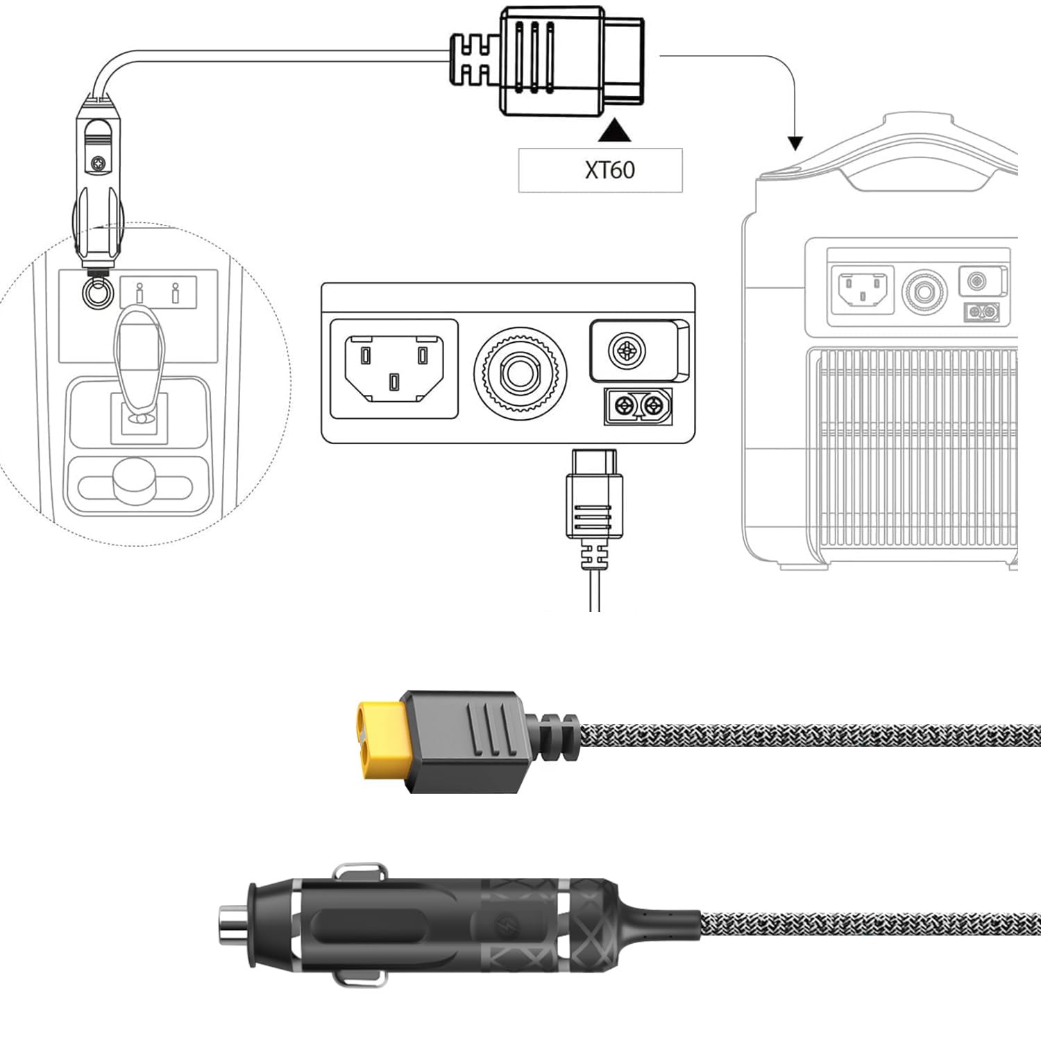 12V/24V XT60 Car Charger Cable for Anker SOLIX C200/C300/C800/C800 Plus/C1000…