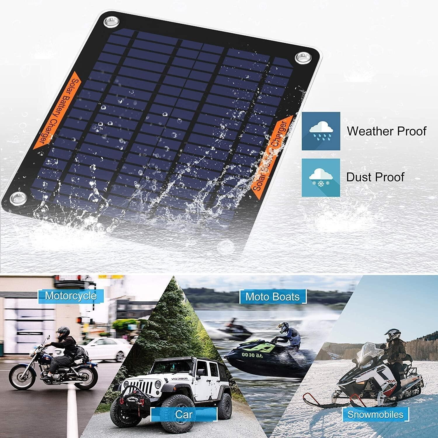 12V Solar Car Motorcycle Boat Marine RV Trailer ATV Trickle Battery Charger Kit