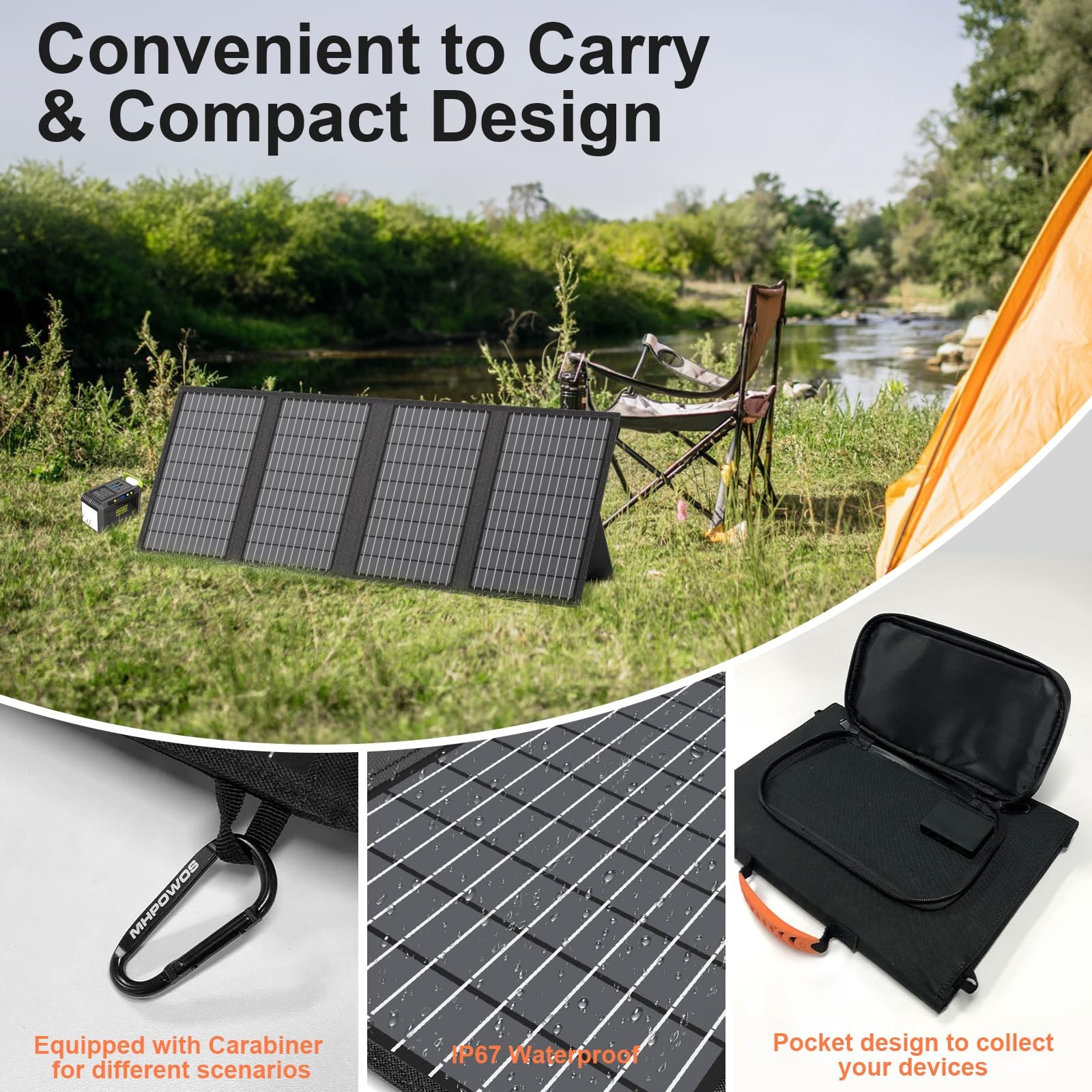 60W Portable Solar Panels Charger with USB-C, USB-A and DC Outputs Foldable I…