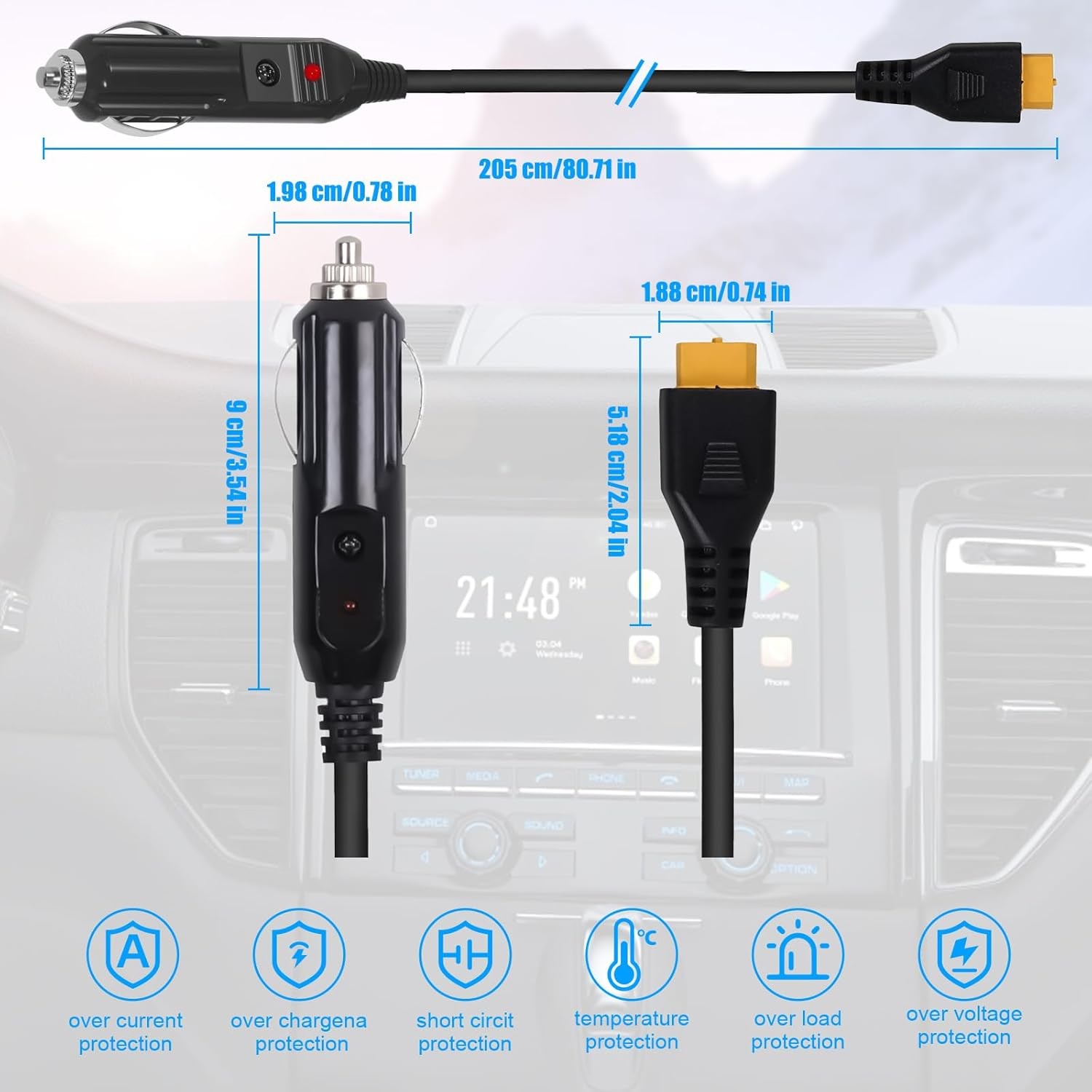 XT60 Connector Portable Power Station DC Adapter 6.7Ft Extension Black
