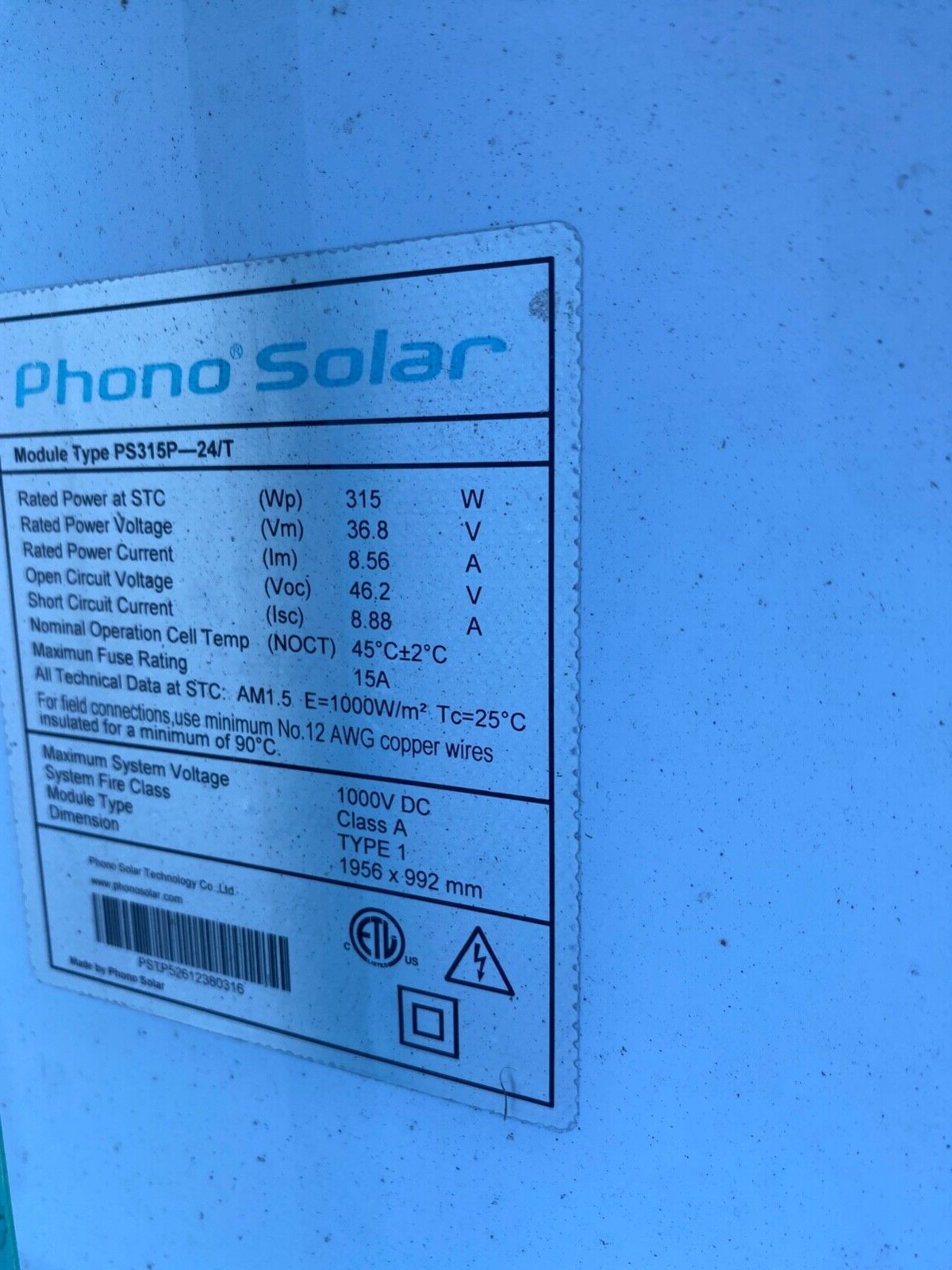 Phono Solar PS315P/24T 315 Watt 72 cell solar panels. 5000 in stock