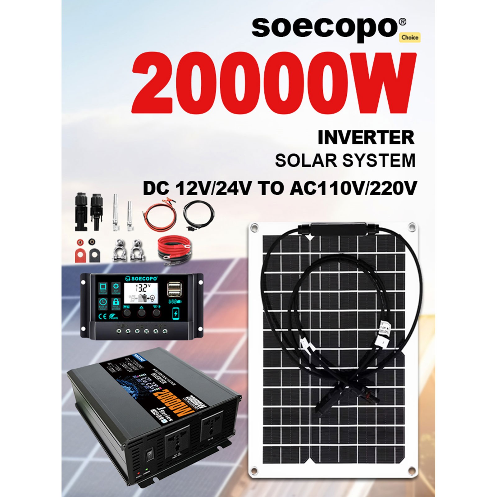 20000W Peak Solar System Kit Flexible Panel DC 12V/24V To AC 110V/220V Inverte1G