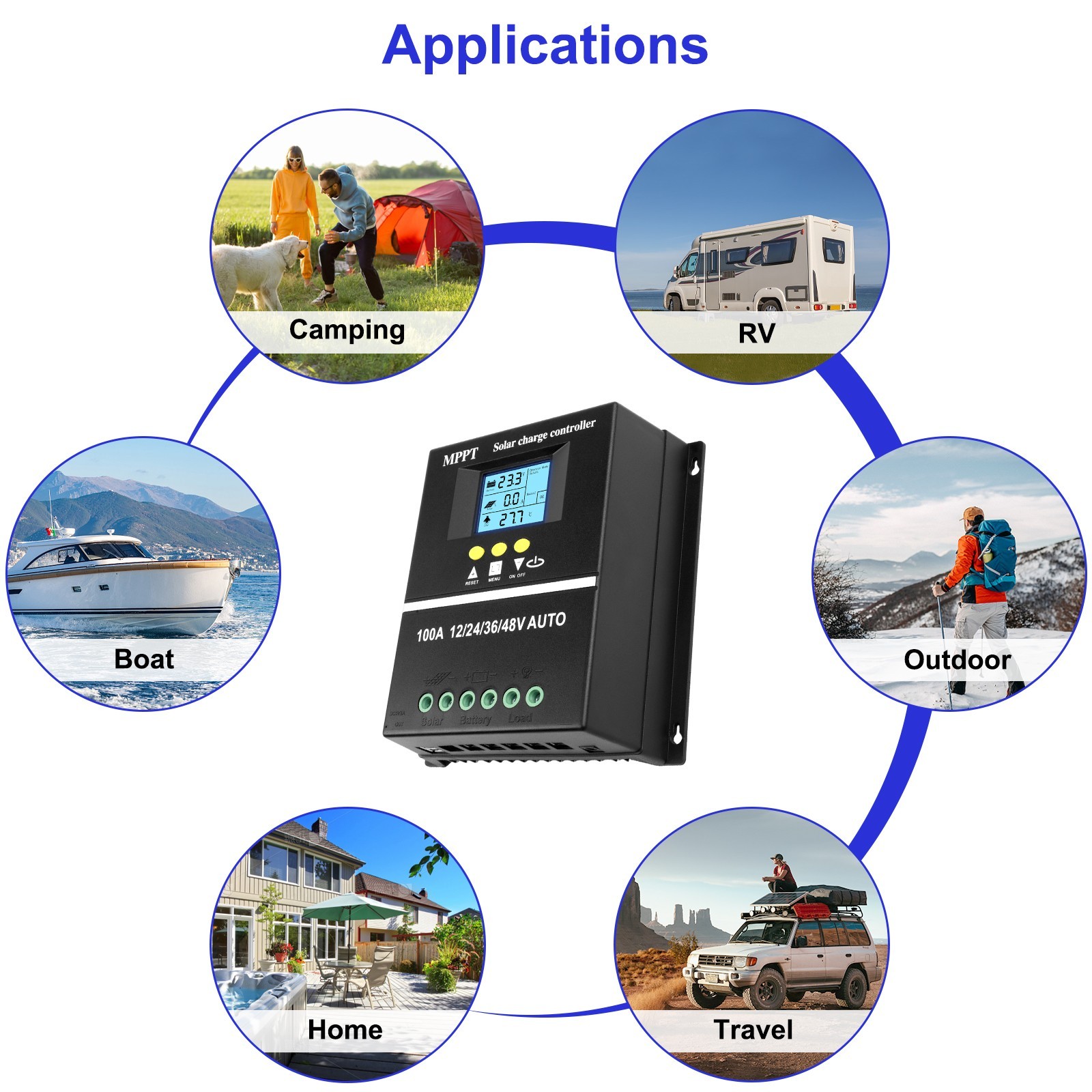 Solar Controller for 12V 24V 36V 48V Systems with LED Display and USB Charging