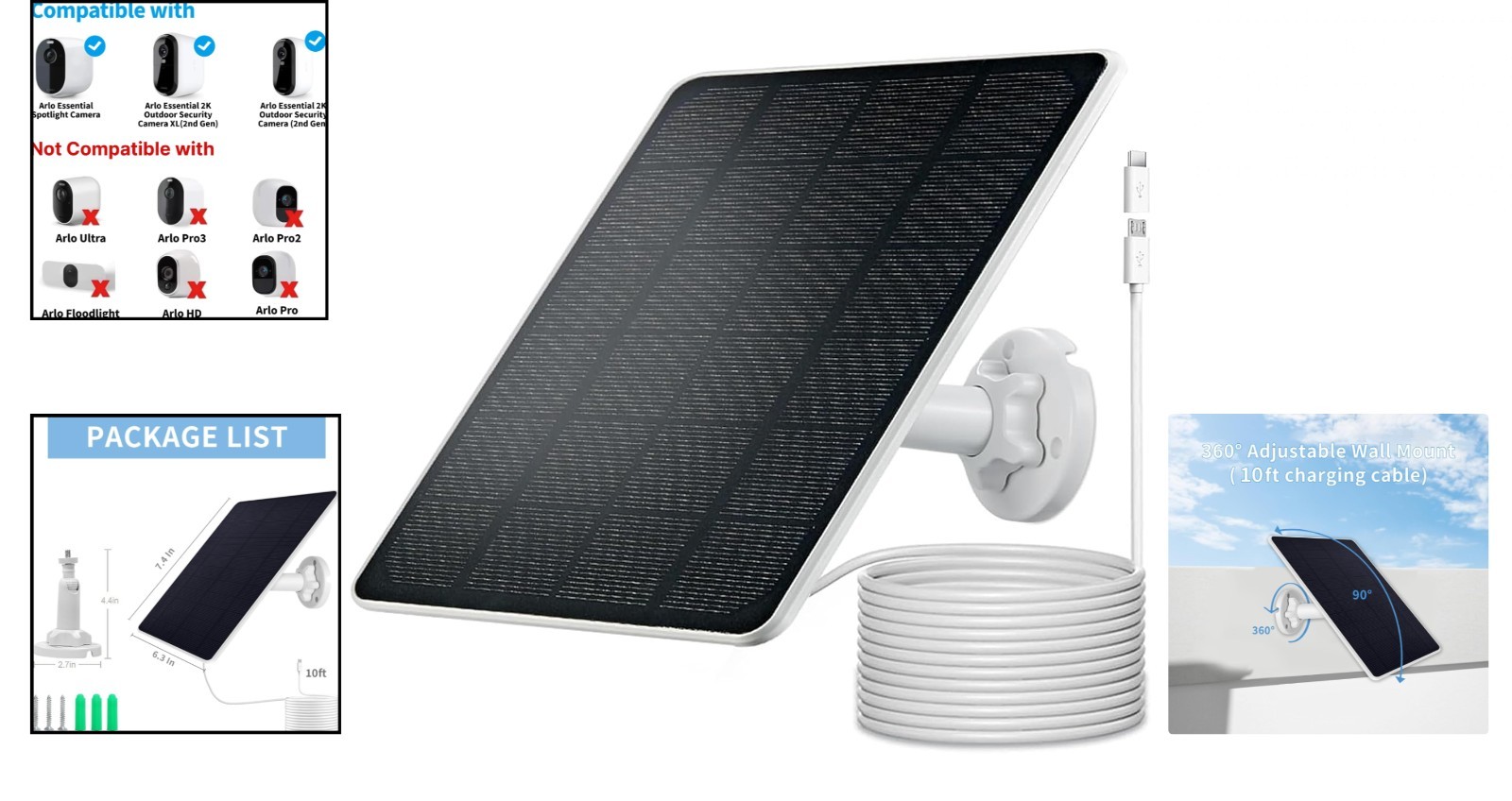 Solar Panel Charger for Arlo Essential 2K Outdoor(2nd Gen)/Essential XL 1Pack