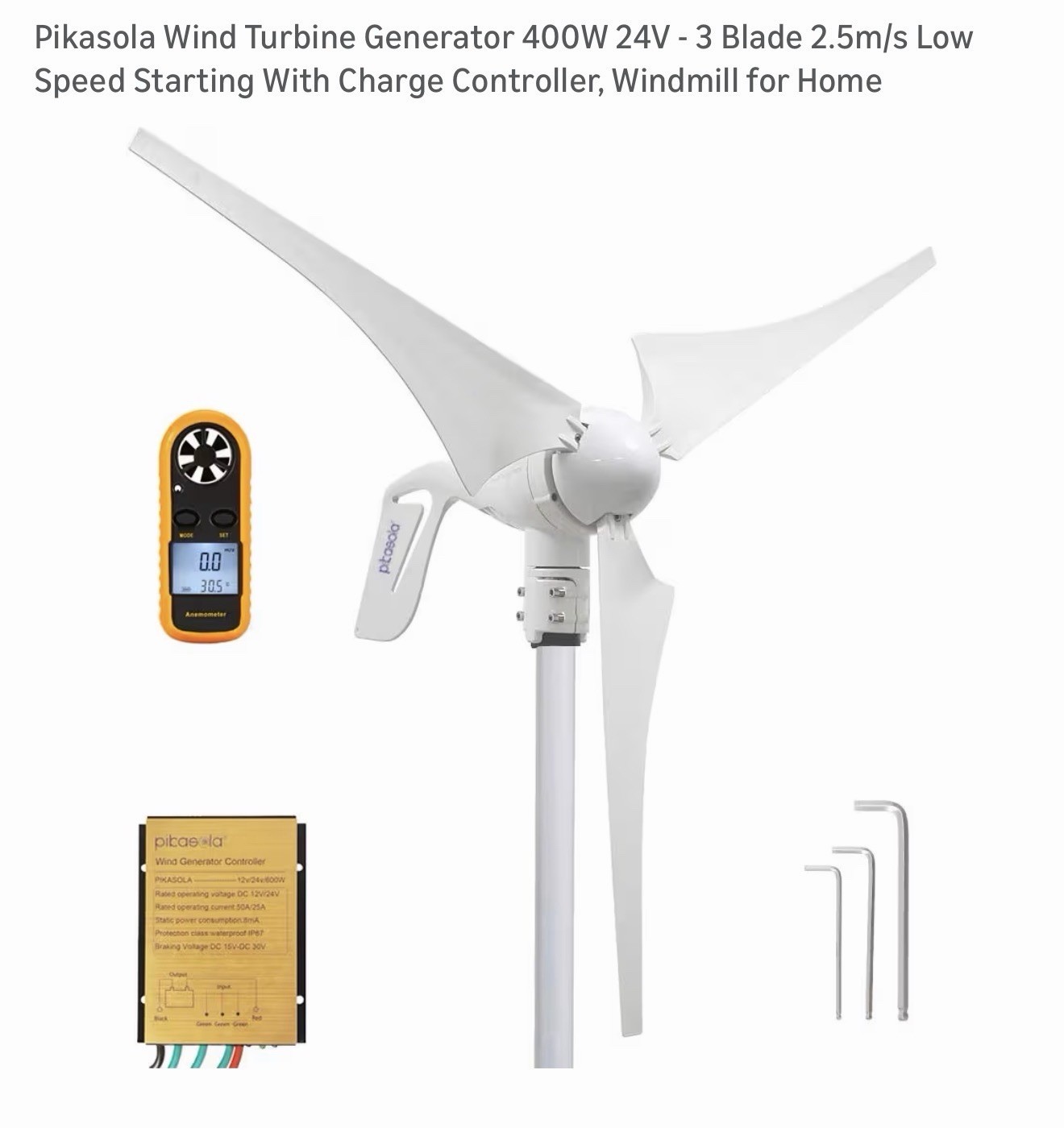 Pikasola Wind Turbine Power Generator 400W 24V – 3 Blade With Charge Controller