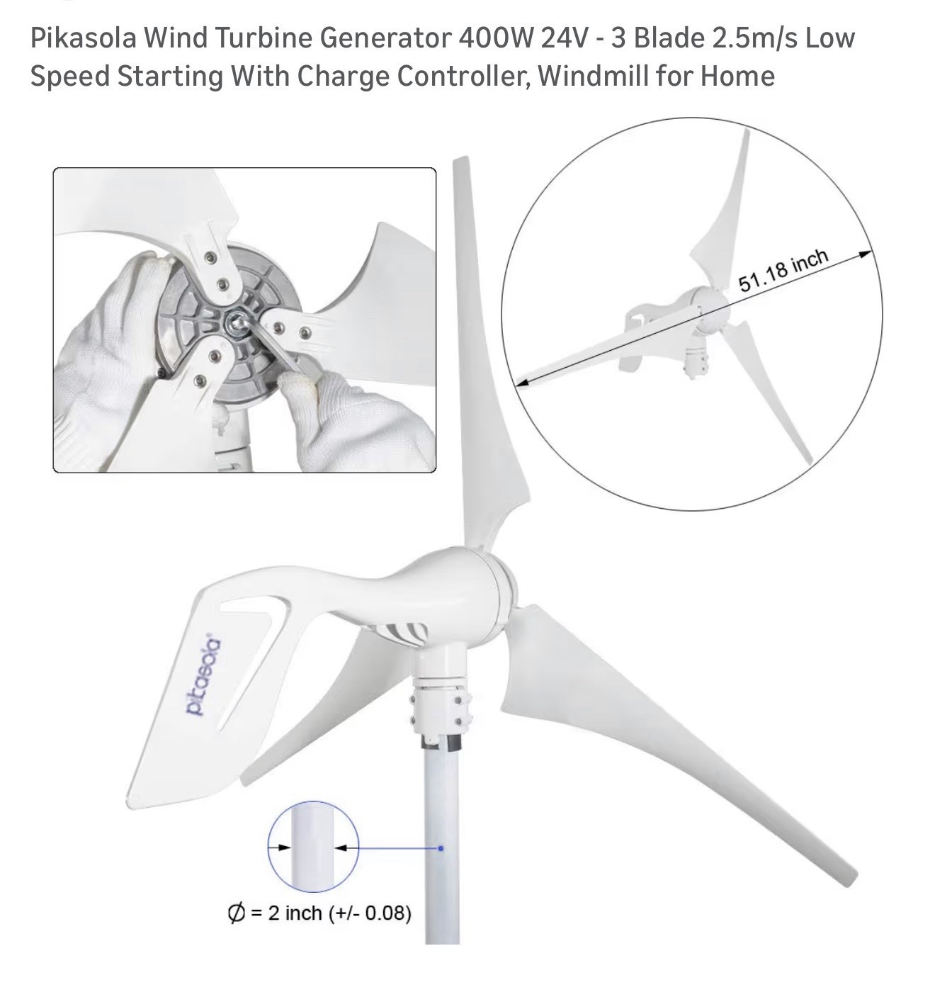 Pikasola Wind Turbine Power Generator 400W 24V – 3 Blade With Charge Controller