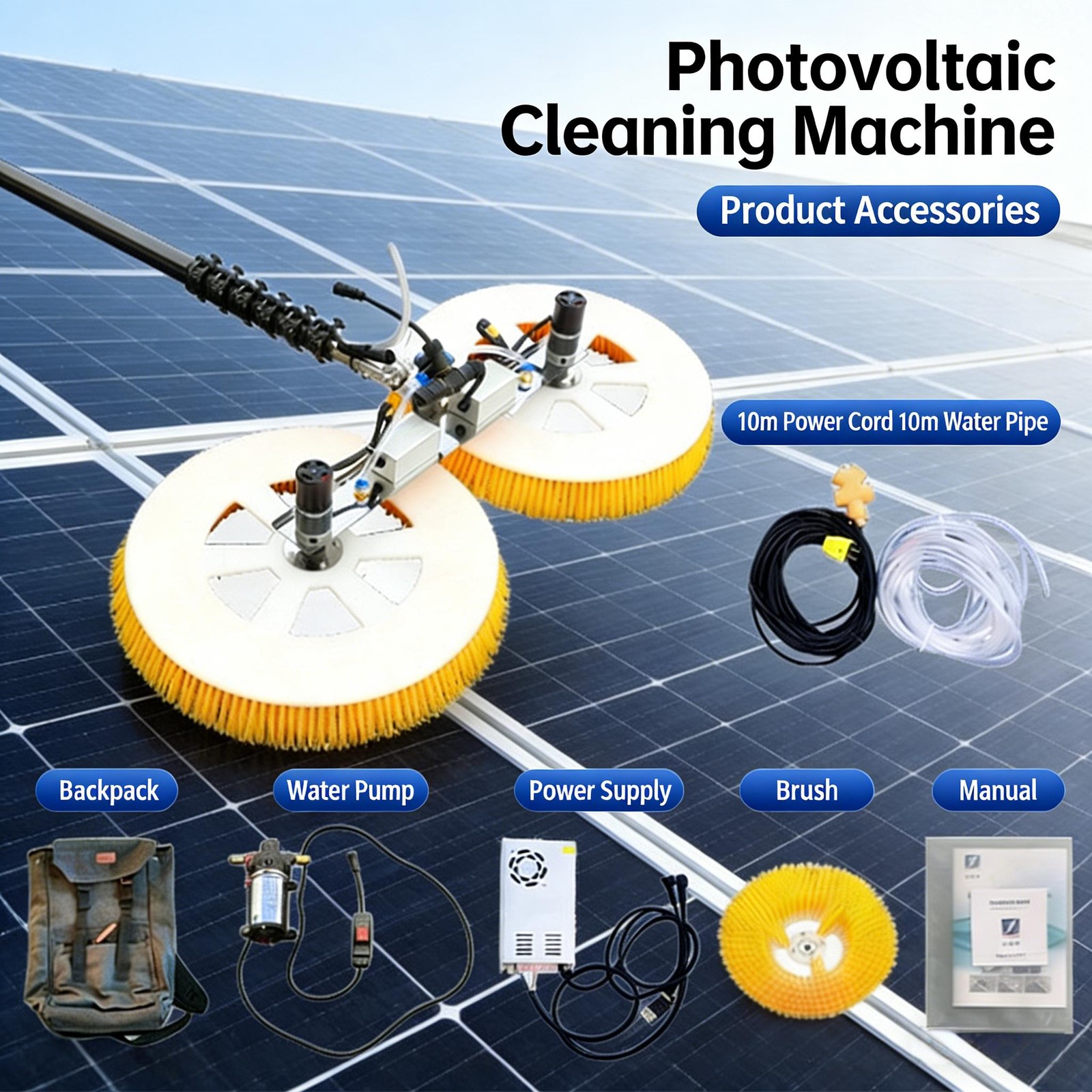 Double Head Solar Panel Cleaning Machine Retractable Photovoltaic Panels Brush